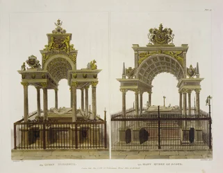 Os túmulos da rainha Isabel I e de Maria Stuart, estampa 39 de «Westminster Abbey», gravada por Thomas Sutherland, publicada por Rudolph Ackermann (1764-1834), 1811